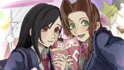 04on0t 2boys 2girls aerith_gainsborough alternate_costume bad_tag balloon black_hair braid brown_hair cait_sith_(final_fantasy) cloud_strife crown drinking drinking_straw drinking_straw_in_mouth eyelashes final_fantasy final_fantasy_vii food green_eyes hair_ribbon happy highres holding holding_ice_cream_cone ice_cream ice_cream_cone mog multiple_boys multiple_girls open_mouth red_eyes ribbon school_uniform selfie smile tifa_lockhart zack_fair