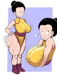 1girl ass black_hair breasts chi-chi_(dragon_ball) earrings female_focus hair_bun huge_breasts jewelry long_hair looking_at_viewer mature_female nipples piercing pseudocel serious simple_background smile solo solo_focus