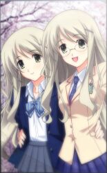 2girls blazer blue_bow blue_bowtie blue_jacket bow bowtie breasts brown_jacket chaos;head cherry_blossoms cherry_tree closed_mouth collarbone dutch_angle fingernails from_side game_cg glasses green_eyes green_hair grey_skirt hair_between_eyes hair_ornament hairpin happy highres hug hug_from_side jacket kusunoki_mia kusunoki_yua lapels long_hair loose_bowtie matsuo_yukihiro medium_breasts multiple_girls necktie notched_lapels official_art open_collar open_mouth pink_lips plaid_clothes plaid_necktie pleated_skirt round_eyewear school_emblem school_uniform selfie shiny_lips siblings sisters skirt smile striped_bow striped_bowtie striped_clothes suimei_academy suimei_school_uniform tongue yellow_stripes