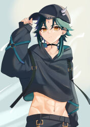 Rule 34 | 1boy, ahoge, aqua hair, black choker, black hair, black hat, black hoodie, black pants, choker, closed mouth, crop top, earrings, facial mark, forehead mark, genshin impact, green nails, hat, highres, hood, hoodie, jewelry, long sleeves, male focus, marufus, midriff, multicolored hair, navel, navel piercing, pants, piercing, short hair, solo, spiked hat, xiao (genshin impact), yellow eyes