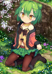 1girl bare_shoulders belt black_pantyhose boots brown_ribbon emil_chronicle_online flower grass green_hair green_skirt hair_flower hair_ornament highres midriff moran_alma navel niranome pantyhose plaid_clothes plaid_skirt ribbon sitting skirt yellow_eyes