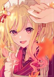 1girl :d alternate_costume apron arm_up blonde_hair blurry blurry_foreground blush commentary eyelashes flan_chan frilled_apron frills gradient_hair hair_between_eyes hair_ornament highres inset_border japanese_clothes kimono leaf long_hair long_sidelocks looking_at_viewer maple_leaf multicolored_hair open_mouth pink_eyes pink_hair pink_kimono portrait project_sekai sidelocks smile solo tenma_saki twintails twitter_username white_apron white_headdress yukata