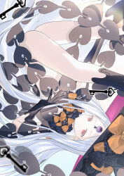 1girl abigail_williams_(fate) abigail_williams_(third_ascension)_(fate) absurdres bare_shoulders black_bow black_hands black_hat black_panties bow breasts colored_extremities colored_skin fate/grand_order fate_(series) forehead hair_bow hat highres key keyhole long_hair looking_at_viewer miyu10366 orange_bow panties parted_bangs red_eyes small_breasts solo thighs third_eye underwear white_hair white_skin witch_hat