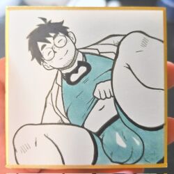 1boy bara belly blush boxers covered_penis facial_hair fat fat_man feet_out_of_frame from_below gen_1_pokemon glasses goatee_stubble highres lab_coat lifting_own_clothes male_focus male_underwear neroli_(pokemon) nintendo osu_(osumankokuou) photo_(medium) pokemon pokemon_sleep round_eyewear shikishi short_hair sleep_mask smile snorlax solo spread_legs stubble thick_eyebrows thick_thighs thighs underwear