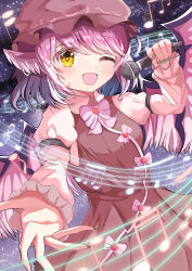 1girl absurdres animal_ears bird_ears bird_wings blush bow brown_dress dress earrings hat highres holding holding_microphone jewelry long_sleeves looking_at_viewer microphone music musical_note mystia_lorelei nail_polish one_eye_closed open_mouth pink_hair shirt short_hair singing sky smile solo star_(sky) starry_sky touhou user_juys7377 winged_hat wings yellow_eyes
