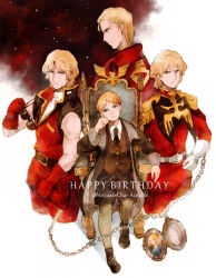 1boy belt black_belt black_coat black_necktie blonde_hair blue_eyes brown_shorts brown_vest casval_rem_deikun char&#039;s_counterattack char_aznable character_name coat collared_shirt dated epaulettes ex.rudo gloves gundam hand_on_own_hip happy_birthday high_collar holding holding_removed_eyewear jacket jewelry locket male_focus military_uniform mobile_suit_gundam mobile_suit_gundam_the_origin multiple_views necktie open_clothes open_coat pants pendant quattro_bajeena red_background red_gloves red_jacket red_pants sayla_mass serious shirt short_hair shorts simple_background sitting sleeveless sleeveless_jacket sleeveless_shirt smile sunglasses throne turtleneck unworn_eyewear vest white_background white_belt white_shirt zeta_gundam