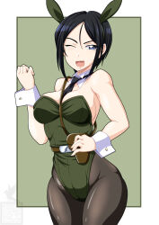 Rule 34 | 1girl, artist logo, belt, between breasts, black eyes, black hair, black necktie, black pantyhose, border, breasts, brown background, chouno ami, clenched hand, collar, commentary, cowboy shot, detached collar, girls und panzer, green background, green border, green leotard, hand on own hip, highleg, highleg leotard, highres, holster, ichijou takakiyo, leotard, logo, looking at viewer, medium breasts, necktie, one eye closed, open mouth, outside border, pantyhose, sam browne belt, short hair, smile, solo, standing, strapless, strapless leotard, swept bangs, thighs, white collar, wrist cuffs