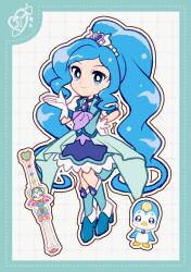 1girl aqua_border aqua_skirt aqua_socks beads bird blue_boots blue_dress blue_eyes blue_hair blue_theme blue_vest boots border closed_mouth coattails collared_vest cure_fontaine deformed dot_nose dotted_line dress eyelashes frilled_dress frills full_body gloves grid_border hair_beads hair_ornament hand_on_own_hip happy healin&#039;_good_precure heart heart_hair_ornament high_heel_boots high_heels highres kneehighs lapels long_hair long_skirt looking_at_viewer magical_girl notched_lapels outline pegitan_(precure) penguin precure puffy_short_sleeves puffy_sleeves sawaizumi_chiyu short_dress short_sleeves showgirl_skirt skirt smile socks tiara uwded_207 very_long_hair vest wand wavy_hair white_background white_gloves white_outline white_sleeves