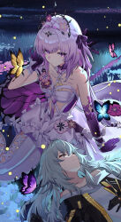 2girls arm_support asymmetrical_gloves bare_shoulders black_gloves black_jacket black_tiara blue_butterfly breasts bug butterfly castorice_(honkai:_star_rail) closed_eyes closed_mouth commentary dress elbow_gloves flower gloves grey_hair hair_flower hair_intakes hair_ornament hand_up highres honkai:_star_rail honkai_(series) insect iras17514 jacket large_breasts long_hair looking_at_another lying medium_breasts multiple_girls on_back on_grass outdoors pantyhose pink_flower pointy_ears purple_butterfly purple_eyes purple_flower purple_gloves purple_hair purple_pupils shirt single_elbow_glove sitting sleeping smile solo stelle_(honkai:_star_rail) tiara trailblazer_(honkai:_star_rail) uneven_gloves very_long_hair white_dress white_pantyhose white_shirt yellow_butterfly yokozuwari