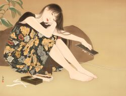 1girl barefoot black_dress black_hair box box_of_chocolates chocolate controller dress long_hair matsuura_shiori_(artist) original plant remote_control sitting solo