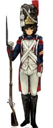 Rule 34 | 1girl, aiguillette, bayonet, black boots, black hair, blue coat, blush, boots, buttons, coat, epaulettes, full body, gun, hat, highres, looking to the side, medium hair, military hat, military uniform, napoleonic wars, original, pants, red sleeve cuffs, rifle, shirt, simple background, soldier, solo, standing, weapon, white background, white pants, white shirt, yayayaach