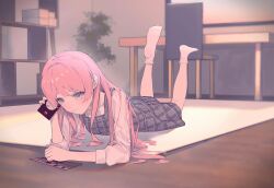 1girl absurdres anli_(jwcpp4sum0mgk5r) bang_dream! bang_dream!_it&#039;s_mygo!!!!! chair chihaya_anon closed_mouth commentary dress grey_dress grey_eyes highres indoors long_hair looking_at_viewer lying misumi_uika nagasaki_soyo no_shoes on_stomach pinafore_dress pink_hair plaid_clothes plaid_dress shirt sleeveless sleeveless_dress socks solo sumimi_(bang_dream!) sumita_mana table three-quarter_sleeves white_shirt white_socks