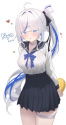 Rule 34 | 1218 haruru, 1girl, absurdres, ahoge, alternate costume, aokumo rin, arms behind back, black sailor collar, black skirt, blue eyes, blush, bow, bowtie, breasts, buttons, choker, colored eyelashes, cowboy shot, dress shirt, hair ribbon, high-waist skirt, highres, large breasts, long hair, long sleeves, looking at viewer, multicolored hair, nose blush, parted lips, pleated skirt, ribbon, sailor collar, school uniform, serafuku, shirt, shirt tucked in, side ponytail, simple background, skirt, solo, standing, stellive, streaked hair, sweatdrop, thigh strap, thighs, two-tone hair, very long hair, virtual youtuber, white background, white choker, white eyelashes, white hair, white shirt