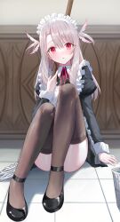 1girl absurdres black_thighhighs convenient_censoring fate/kaleid_liner_prisma_illya fate_(series) feather_hair_ornament feathers hair_ornament highres illyasviel_von_einzbern kaze_22 long_hair maid maid_headdress on_floor red_eyes solo thighhighs white_hair