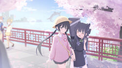 4girls :d ^_^ absurdres aged_down animal_ear_fluff animal_ears architecture bag black_dress black_hair black_skirt blue_archive blue_sky blurry brown_hair building cherry_blossoms china_dress chinese_clothes closed_eyes commentary_request depth_of_field dress east_asian_architecture extra_ears falling_petals fence flower grey_eyes hair_between_eyes halo hat highres holding holding_flower kindergarten_uniform kisaki_(blue_archive) kisaki_(kindergarten_uniform)_(blue_archive) long_hair long_sleeves looking_at_another multiple_girls name_tag official_alternate_costume official_alternate_hairstyle open_mouth outdoors petals ponono_desu school_bag school_hat shanhaijing_secondary_school_student_(blue_archive) short_sleeves shun_(blue_archive) shun_(small)_(blue_archive) sidelocks skirt sky skyline skyscraper smile tiger_ears tree twintails walking weapon_case wind