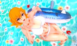 1girl 3d action_taimanin artist_request ass bare_legs bare_shoulders barefoot bikini blonde_hair breasts cleavage curvy highres igawa_sakura large_breasts looking_at_viewer looking_up navel open_mouth shiny_skin short_hair side-tie_bikini_bottom solo standing swimsuit taimanin_(series) taimanin_asagi taimanin_rpgx v water wet white_bikini wide_hips