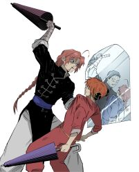 Rule 34 | 1girl, 2boys, 6e6opkamu1, aged down, ahoge, bandaged arm, bandages, black shirt, blood, blood from mouth, blood on face, blue eyes, blue sash, blue shirt, braid, braided ponytail, brother and sister, bruise, bruise on face, bun cover, chinese clothes, closed umbrella, clothes grab, commentary request, different reflection, double bun, family, father and daughter, father and son, fighting, gintama, grey pants, hair bun, highres, holding, holding umbrella, injury, kagura (gintama), kamui (gintama), korean commentary, long hair, mirror, multiple boys, oil-paper umbrella, orange hair, pants, purple umbrella, red pants, reflection, sash, shirt, shirt grab, siblings, single braid, sleeves rolled up, tangzhuang, umbrella, umibouzu (gintama), white background