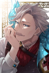 1boy ascot blue_eyes brown_vest commentary_request facial_hair fate/grand_order fate_(series) frontierpax grey_hair hand_on_own_face hand_up highres james_moriarty_(archer)_(fate) looking_at_viewer male_focus mature_male mustache red_ascot shirt signature smile solo sparkle upper_body vest white_shirt
