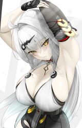 1girl asymmetrical_gloves black_shorts breasts commentary_request elbow_gloves fingerless_gloves gloves high-waist_shorts highres large_breasts long_hair mait mole mole_on_breast shorts sideboob single_elbow_glove single_hair_intake solo uneven_gloves yellow_eyes yixuan_(zenless_zone_zero) yin_yang_pin zenless_zone_zero