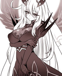 Rule 34 | 1girl, bare shoulders, bodystocking, breasts, closed mouth, covered erect nipples, cowlick, detached sleeves, eye hair ornament, eye symbol, eyes on wings, eyeshadow, genshin impact, gloves, greyscale, hair between eyes, hair ornament, highres, large breasts, long hair, makeup, monochrome, peko25jita, ronova (genshin impact), side ahoge, solo, symbol-shaped pupils, veil, very long hair, wings