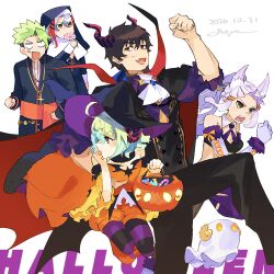 Rule 34 | 1girl, 4boys, achilles (fate), anger vein, animal ears, apollo (fate), ascot, black pants, brown eyes, candy, cross, cross necklace, dated, demon horns, elbow gloves, facial hair, fang, fate/grand order, fate (series), food, gloves, goatee, goya (xalbino), green hair, halloween, halloween bucket, headdress, hector (fate), horns, jewelry, kemonomimi mode, lollipop, multiple boys, necklace, nun, odysseus (fate), open mouth, pants, pantyhose, paris (fate), penthesilea (fate), sheet ghost, short hair, sidelocks, skin fang, striped clothes, striped pantyhose, swirl lollipop, tongue, tongue out