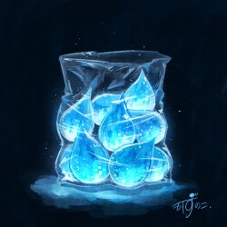 absurdres artist_name bag black_background commentary glowing highres kazunoko_(kazunoko_zunoco) no_humans object_focus original plastic_bag signature still_life teardrop transparent_bag