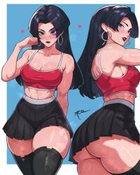 armpits ass black_eyes black_skirt blue_background blush border breasts cleavage earrings hoop_earrings jewelry long_hair looking_at_viewer looking_back marvel marvel_rivals psylocke psylocke_(vengeance) purple_hair purple_lips re_zoart sideboob skirt sports_bra thick_thighs thighhighs thighs white_background white_border x-men