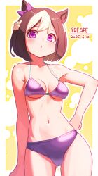 1girl animal_ears artist_name bikini bow braid breasts brown_hair cowboy_shot creape dated ear_bow half_up_braid hand_on_own_hip highres horse_ears horse_girl medium_breasts multicolored_hair navel purple_bikini purple_eyes short_hair solo special_week_(umamusume) swimsuit two-tone_hair umamusume white_hair yellow_background