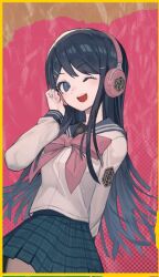 1girl ;d =_hair_ornament arm_behind_back black_hair blue_sailor_collar blue_skirt border bow bowtie commentary_request cowboy_shot danganronpa:_trigger_happy_havoc danganronpa_(series) hair_ornament hairclip hand_up happy headphones light_blush long_hair long_sleeves looking_at_viewer maizono_sayaka miniskirt one_eye_closed open_mouth pink_background pink_bow pink_bowtie plaid_clothes plaid_skirt pleated_skirt ringed_eyes sailor_collar school_uniform serafuku shirt simple_background skirt smile solo straight_hair teeth upper_teeth_only white_shirt yellow_border yu_gi_(yu_69821b)