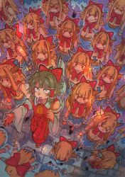 6+girls absurdres ascot belt black_shoes blonde_hair blowing_whistle blue_skirt blush_stickers bow bowtie brown_belt brown_hair brown_horns chromatic_aberration clone closed_mouth commentary detached_sleeves from_above hair_bow hair_intakes hair_tubes hakama hakama_pants hakurei_reimu highres horns ibuki_suika inuyama_konan japanese_clothes long_hair low-tied_sidelocks multiple_girls pants pointy_ears red_bow red_bowtie red_eyes red_hakama red_sandals red_shirt sandals sanpaku shirt shoes sidelocks skirt sleeveless sleeveless_shirt slit_pupils smile touhou whistle whistle_around_neck white_shirt white_sleeves yellow_ascot