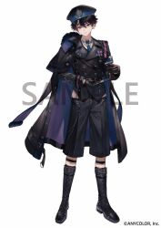 1boy armband belt black_belt black_boots black_coat black_gloves black_hair black_hat black_jacket black_shorts blue_armband blue_necktie boots buttons capri_pants coat coat_on_shoulders collar_chain_(jewelry) collared_shirt copyright_notice cuffs double-breasted ear_chain full_body fur-trimmed_coat fur_trim gloves hair_between_eyes handcuffs hat holding holding_handcuffs jacket knee_boots lace-up_boots legwear_garter linked_piercing long_sleeves looking_at_viewer male_focus medal military_uniform multicolored_hair necktie nijisanji official_art pants parted_lips peaked_cap piercing police police_uniform purple_eyes purple_hair sakayori_soma sample_watermark shinotarou_(nagunaguex) shirt short_hair shorts simple_background sleeve_cuffs solo standing streaked_hair virtual_youtuber wallet_chain watermark white_background white_shirt