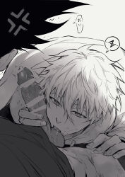 Rule 34 | 2boys, anger vein, barou shouei, blue lock, censored, chuma a a, clothes pull, erection, fingernails, greyscale, highres, holding, large penis, licking, licking testicle, male focus, monochrome, multiple boys, nagi seishirou, oral, pants, pants pull, penis, precum, short hair, simple background, speech bubble, testicles, tongue, translation request, veins, veiny penis, white background, yaoi