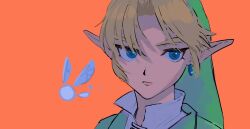 1boy blonde_hair blue_eyes closed_mouth commentary earrings fairy green_hat green_tunic hat jewelry link navi nintendo orange_background pointy_ears portrait short_hair simple_background solo symbol-only_commentary the_legend_of_zelda the_legend_of_zelda:_ocarina_of_time tunic yamori_(yamoooon21)