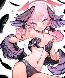 1girl angel_wings bikini black_bikini black_feathers black_wings blue_archive blush breasts embarrassed feathered_wings feathers front-tie_bikini_top front-tie_top halo head_wings highres koharu_(blue_archive) koharu_(swimsuit)_(blue_archive) loli looking_at_viewer low_twintails low_wings mimi_(tsuyuriani) navel official_alternate_costume open_mouth pink_eyes pink_hair pink_halo pink_nails print_bikini small_breasts solo swimsuit twintails wings