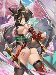 animal_ears ass black_hair black_thighhighs breasts circlet club3 day dual_wielding earrings flower from_behind green_eyes hair_between_eyes hair_flower hair_ornament highres holding japanese_clothes jewelry katana kimono large_breasts long_hair looking_back low-tied_long_hair obi original outdoors parted_lips petals sash sheath short_kimono sideboob skindentation sleeveless sleeveless_kimono smile solo sword tail tattoo thighhighs thong vambraces very_long_hair watermark weapon weibo_watermark