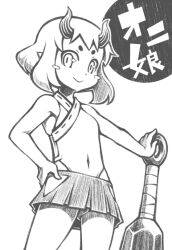1girl :&gt; blush_stickers breasts closed_mouth club_(weapon) commentary_request covered_navel criss-cross_halter cropped_legs from_below halterneck hand_on_own_hip highleg highleg_panties looking_at_viewer medium_hair oni original panties pleated_skirt pointy_ears saboten_(rdfp4428) skirt small_breasts smile solo text_background translation_request underwear weapon
