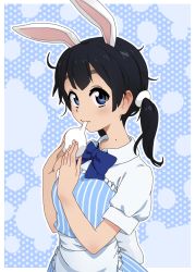 10s 1girl animal_ears steamed_bun black_hair blue_bow blue_bowtie blue_eyes bow bowtie drawfag eating female_focus food hair_ornament highres holding kemonomimi_mode kitashirakawa_tamako long_hair looking_at_viewer low_twintails mochi mole orz_(orz57) polka_dot polka_dot_background rabbit_ears simple_background solo tamako_market twintails wagashi