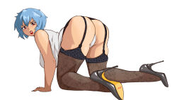 Rule 34 | all fours, ayanami rei, blue hair, garter straps, high heels, highres, lipstick, makeup, neon genesis evangelion, red eyes, shakuraya, shoe soles, stiletto heels, thighhighs