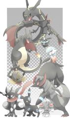 aegislash alcremie alcremie_(strawberry_sweet) alternate_color black_dress black_fur black_gloves black_skin blue_hair carbink charizard claws colored_skin dragon dress elbow_gloves fire gardevoir gen_1_pokemon gen_3_pokemon gen_5_pokemon gen_6_pokemon gen_8_pokemon gloves greninja h_k225 haxorus highres holding holding_shield legendary_pokemon mega_gardevoir mega_pokemon nintendo one-eyed open_mouth pokemon pokemon_(creature) rayquaza shield shiny_pokemon smile strapless strapless_dress sword weapon white_skin wings yellow_eyes