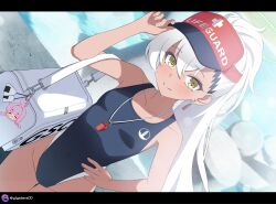 1girl alternate_costume artist_name blue_archive blurry blush breasts character_doll closed_mouth competition_swimsuit covered_navel day depth_of_field giga-tera haine_(blue_archive) highleg highres kaya_(blue_archive) letterboxed lifeguard long_hair looking_at_viewer one-piece_swimsuit small_breasts smile swimsuit very_long_hair visor_cap water whistle whistle_around_neck white_hair yellow_eyes