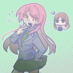 2girls bang_dream! bang_dream!_it&#039;s_mygo!!!!! blue_eyes brown_hair chihaya_anon fang grey_eyes haneoka_school_uniform highres jacket long_hair long_sleeves multiple_girls open_mouth pantyhose pink_hair school_uniform shirt simple_background tsukinomori_school_uniform uriah_lcq yuri