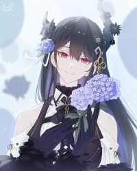 1girl asymmetrical_horns black_bow black_bowtie black_gloves black_hair black_necktie bodice bow bowtie clothing_cutout collared_shirt colored_inner_hair demon_horns double-parted_bangs flower fortissimo frilled_shirt_collar frills fur-trimmed_sleeves fur_trim gloves hair_ornament hair_petal head_tilt highres holding holding_flower hololive hololive_english horns light_smile looking_at_viewer mole mole_under_eye multicolored_hair musical_note musical_note_hair_ornament necktie nerissa_ravencroft nerissa_ravencroft_(1st_costume) paw_chie red_eyes shirt shoulder_cutout solo upper_body virtual_youtuber