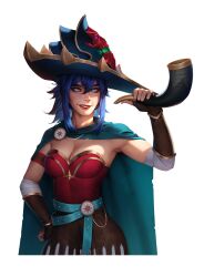 1girl absurdres arrow_(projectile) bandaged_arm bandages belt belt_buckle blue_hair breasts brown_skirt buckle cape commentary commission dang_(runescape) duellist&#039;s_cap_(tier_6) english_commentary fingerless_gloves gladiator gloves glowing_hat gold_trim green_belt green_cape hat highres johnny_azad leg_armor leotard lion long_hair medium_breasts old_school_runescape orange_eyes original ponytail quiver red_leotard runescape skirt smile standing sun_symbol thick_eyebrows transparent_background upper_body yellow_eyes