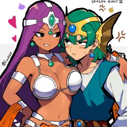 1boy 1girl annoyed arm_around_shoulder black_eyes breast_press breasts cleavage dark-skinned_female dark_skin dragon_quest dragon_quest_iv eye_contact green_hair hand_on_own_hip heart hero_(dq4) highres large_breasts long_hair looking_at_another lunchiblz manya_(dq4) navel purple_hair short_hair underboob upper_body