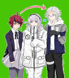 1girl 2boys ahoge aotsuki_eito arrow_(symbol) black_gloves black_hair black_ribbon blue_jacket blush braid braided_ponytail closed_eyes closed_mouth crossdressing drawstring glasses gloves green_background grey_jacket grey_pantyhose hair_between_eyes hoodie jacket kirifuji_nozomi long_sleeves messy_hair multicolored_hair multicolored_jacket multiple_boys neck_ribbon open_mouth pants pantyhose parted_hair pleated_skirt purple_jacket red_hair ribbon simple_background skirt streaked_hair sumino_takumi the_hundred_line_-last_defense_academy- white_hair white_hoodie white_jacket white_pants white_skirt
