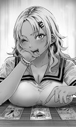 1girl aiura_mikoto blush breasts card cleavage dark_skin ear_piercing fake_nails gyaru hair_ornament hairclip highres large_breasts long_hair looking_at_viewer monochrome one_eye_closed open_mouth piercing pk_academy_school_uniform saiki_kusuo_no_psi_nan sakayama_shinta school_uniform tarot the_lovers_(tarot) the_star_(tarot) the_sun_(tarot) tongue tongue_out