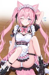 1girl animal_ears antenna_hair apron arlonn arm_up black_dress blush breasts closed_mouth dress frilled_dress frills hakui_koyori hakui_koyori_(dark_maid) highres hololive long_hair medium_breasts official_alternate_costume one_eye_closed pink_hair purple_eyes smile solo tail tongue tongue_out very_long_hair virtual_youtuber white_apron wolf_ears wolf_girl wolf_tail