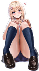Rule 34 | 1girl, absurdres, anger vein, angry, ass, blonde hair, blue buruma, blue socks, blush, bow, bowtie, buruma, collarbone, collared shirt, hair between eyes, hair ornament, hairclip, hands on own knee, highres, loafers, long hair, looking at viewer, original, purple eyes, red bow, red bowtie, school uniform, shiny skin, shirt, shoes, short sleeves, simple background, sitting, socks, solo, thighs, white background, white shirt, yukemuriganmo
