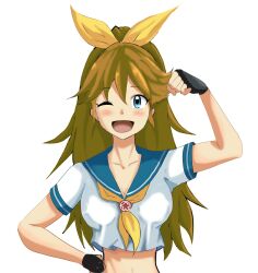 1girl black_gloves blue_eyes borrowed_character bow breasts fingerless_gloves gloves hair_between_eyes hair_bow hand_on_own_hip highres long_hair m.u.g.e.n medium_breasts midriff one_eye_closed open_mouth original ponytail ryuko_(oggyoggy) school_uniform serafuku solo wink yellow_bow