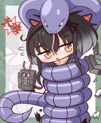 Rule 34 | 1girl, arbok, black hair, blue sailor collar, blush, border, commentary request, constriction, flying sweatdrops, forked tongue, gen 1 pokemon, green border, hana kazari, highres, kantai collection, nintendo, open mouth, outside border, pokemon, pokemon (creature), sailor collar, short hair with long locks, tokitsukaze (kancolle), tongue, yellow eyes, zoom layer